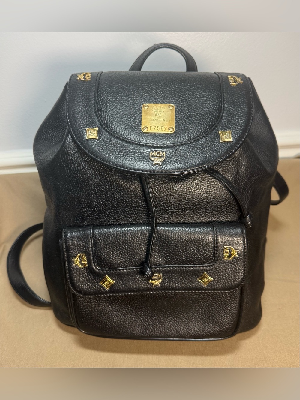 Authentic MCM Black Leather Backpack with Gold Hardware